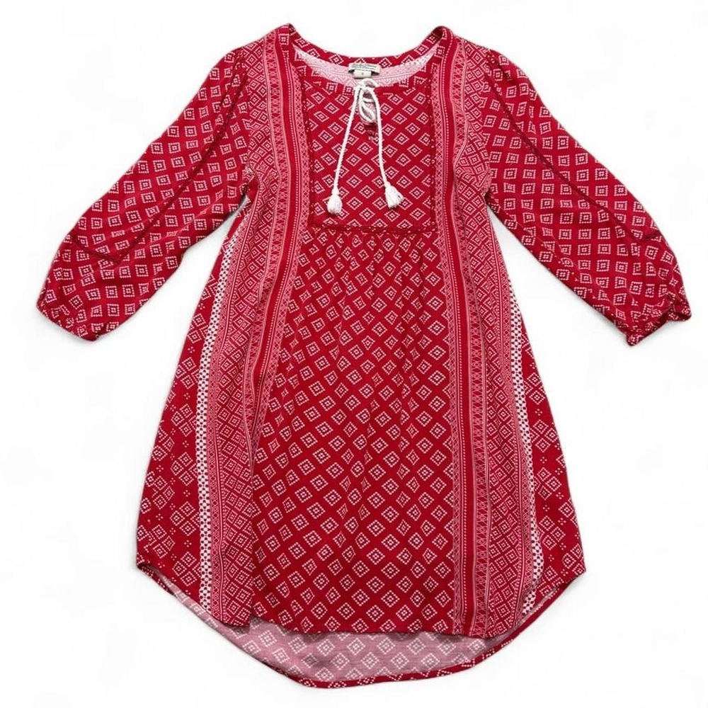 Lucky Brand Boho Mini Dress Tunic Red Geometric Tassel Peasant Festival Size S